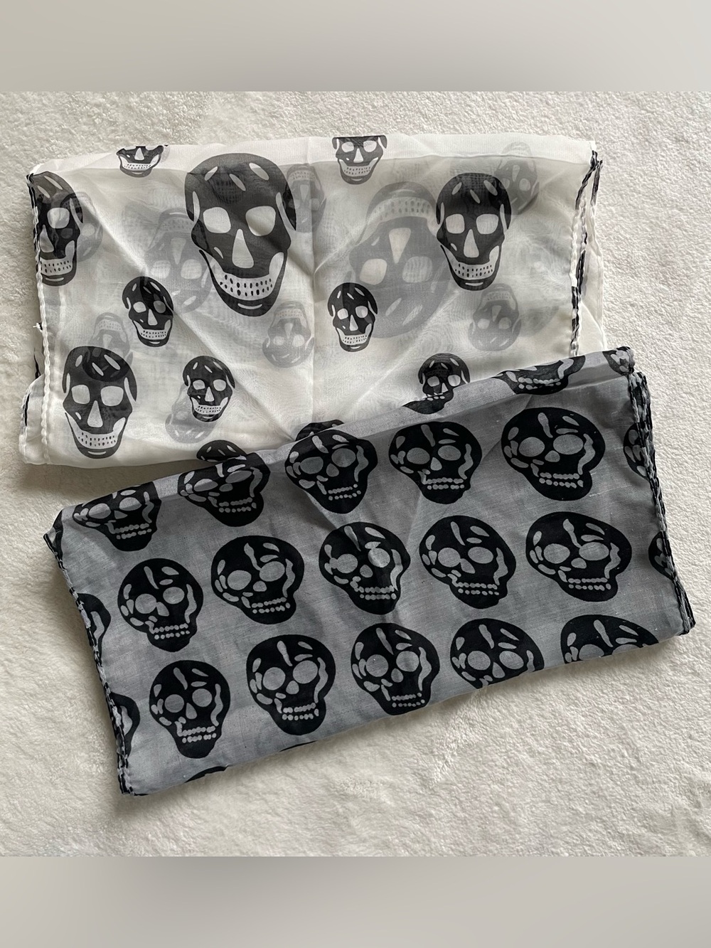 Two Skull Pattern Sheet Scarves, Black and White